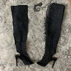 CHIC black EMBROIDERY over the knee lace up heel